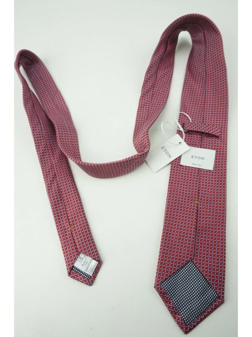 Eton Cherry Red Sapphire Blue Micro Geometric 100% Silk Tie Brand New With Tags